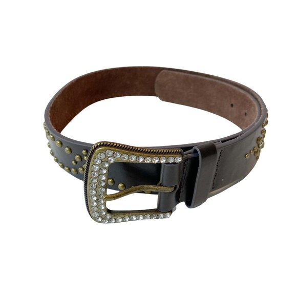 Tailor Vintage Accessories - Genuine Brown Leather Metal Studded Bling Belt Buckle Boho Trendy Western 36”
